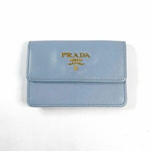 プラダ　prada　二つ折りカードケース　名刺入れ　レザー　ブルー　水色サフィアーノ ゴールド金具　ロゴ