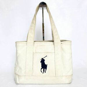 ポロラルフローレン POLO RALPH LAURENトートバッグ キャンバス　ホワイト　アイボリー　ロゴ刺繍　ビッグポニー ネイビー 