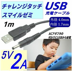 DC-USB変換電源供給ケーブル チャレンジタッチ スマイルゼミ PSP ドラレコ USB(A)(オス)⇔DC(4.0mm/1.7mm)(オス) 5V/2A 1m△