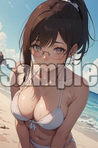 【全て1点もの】『A4サイズ 美女ポスター』高品質光沢紙 イラスト 水着 ビキニ セクシー 食い込み 巨乳 めがね 恥じらい 眼鏡 汗 MZK76