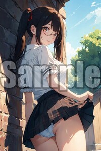 『A4サイズ 美女ポスター』高品質光沢紙 イラスト 制服 パンチラ ローアングル 眼鏡 食い込み お尻 めがね 恥じらい 清楚 パンツ JKK84