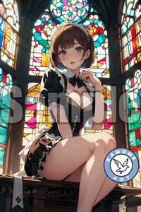 『A4サイズ 美女ポスター』イラスト メイド 教会 ご主人様 ローアングル パンチラ 女神 お尻 ふともも 美少女 清楚 美脚 生足 MK26