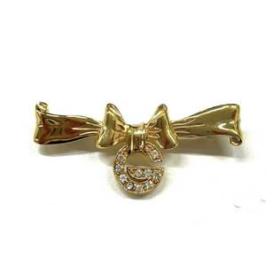 T167-W7-985 * GIVENCHY Givenchy ribbon brooch ribbon brooch G Logo Stone attaching Gold color accessory ③