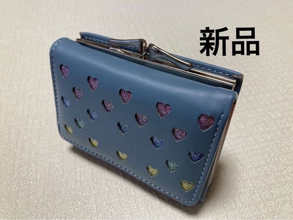 ラスト1個【新品】合皮 口金 ミニ財布 三つ折り財布 ブルーグレー系