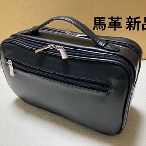 新品 馬革 Wファスナー セカンドバッグ クラッチバッグ 黒