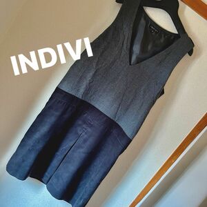 【美品】 INDIVI ノースリーブ ワンピース 膝丈 バイカラー