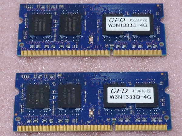 □CFD W3N1333Q-4G *PC3-10600S/DDR3-1333 1Rx8 204Pin DDR3 S.O.DIMM 8GB(4GB x2) 動作品