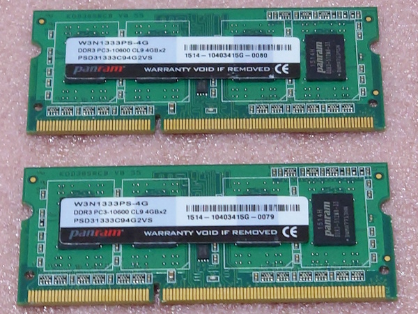 □CFD W3N1333PS-4G *PC3-10600S/DDR3-1333 204Pin DDR3 S.O.DIMM 8GB(4GB x2) 動作品