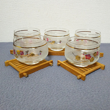 冷茶グラス 5客セッット　茶托 竹コースター付　昭和レトロ　金箔 梅の花 未使用・保管品_画像1