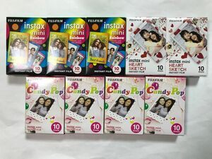 フジinstax mini film（チェキフィルム）キャンディーポップ、レインボー、ハートスケッチを９本まとめて