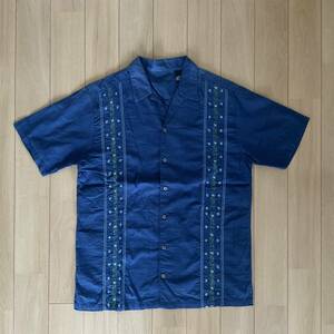 インド製 古着 フラワー刺繍 開襟シャツ オープンカラーシャツ キューバシャツ 半袖 ネイビー Mサイズ