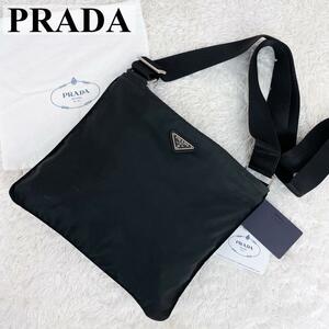 美品 PRADA プラダ ショルダーバッグ サコッシュ ポシェット クロス 三角 ロゴ プレート ナイロン レザー スクエア ユニセックス 白タグ