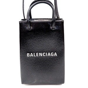 Th547741 バレンシアガ ショッピングフォンホルダー 593826 ブラック レザー ショルダーバッグ BALENCIAGA 中古