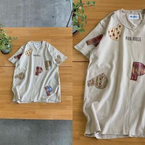 美品 PINK HOUSE ピンクハウス クルーネックコットン半袖Tシャツ ワイドブラウストップス プルオーバーカットソー クリームベージュ色系