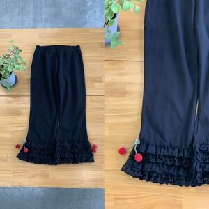  beautiful goods PINK HOUSE Pink House hook braided cherry pompon attaching 7 part height leggings pants hem piling race frill spats bottoms black black color series 