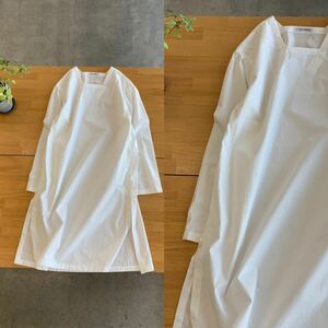 美品 THE HINOKI ザ ヒノキ 襟スクエアコットンワンピース サイドスリットワイドチュニック 綿100% 日本製 ホワイト白色系 サイズ0