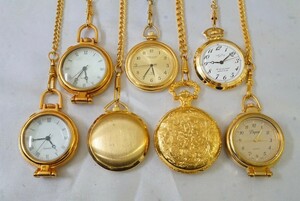 F1379 Gold color pocket watch 7 point set quartz Vintage accessory antique large amount together . summarize set sale immovable goods 