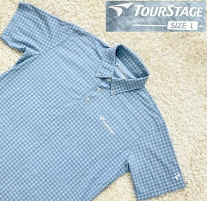 【美品★】Lサイズ TourStage 半袖千鳥柄ボタンダウンポロシャツ/水色系◆ツアーステージ (5)