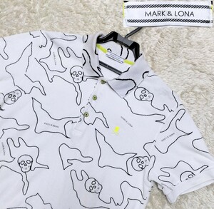 【大きいサイズXL★】美品 MARK&LONA 半袖総柄ポロシャツ/白◆スカル柄タオル生地◆マークアンドロナ (5121)