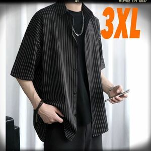 7メンズ大きいサイズ半袖ストライプシャツ黒3XL新品未使用ブラック