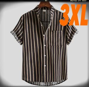 39 men's large size short sleeves stand-up collar stripe shirt tea Brown 3XL4L new goods unused BIG