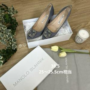 送料無料　マノロブラニク　ハンギシ90　38.5　25cm　ビジューヒールパンプス　グレー　MANOLO BLAHNIK