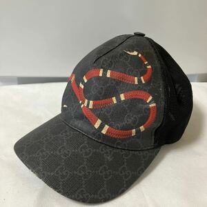 GUCCI グッチ　キャップ 帽子 メッシュ ブラック PVCレザー GGシマ スネーク 蛇柄 Lサイズ