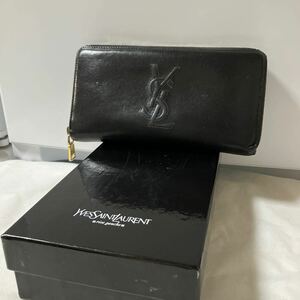 YSL YVES SAINT LAURENT サンローラン ラウンドファスナー 長財布 レザー ブラック 型押し 箱付き シリアルあり