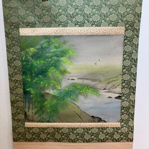 【真作】掛軸 日本画 根上富治 題画：竹に雀 共箱付き シミあります。の画像2