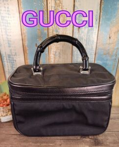 希少 GUCCI バンブー レザー　バニティバッグ 化粧ケース ポーチ