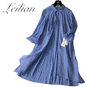 B03◆美品 レリアン Leilian 大きいサイズ 11 L-XL前後 薄手 涼しい 麻 リネンポリ メランジ レイヤード フレア ワンピース 身幅49.5cm春夏