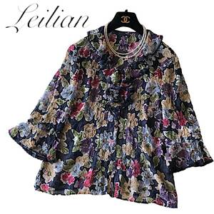 C27◆美品 レリアン Leilian 大きいサイズ 11 L前後 涼しい ブラウス シャツ 羽織り シフォン シアー 花柄 ラメ フラワー 通気性抜群 春夏