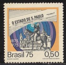 ブラｊル切手　新聞　「SAOPAURO STATE」　発刊100記念　犬　馬　楽器　ラッパ　社屋　1975_画像1