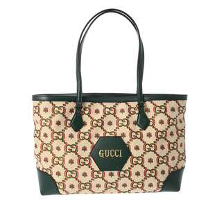 GUCCI グッチ 100周年限定 GG柄 グリーン/アイボリー 676681 レディース キャンバス レザー トートバッグ 新同 中古 銀蔵