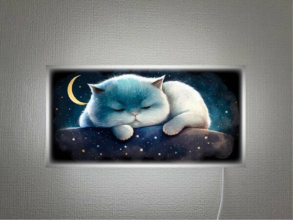 【Lサイズ】枕で寝ている猫 ねこ ネコ キャット 三日月 夜空 玄関 店舗 壁掛け ランプ 照明 看板 置物 雑貨 ライトBOX 電飾看板 電光看板