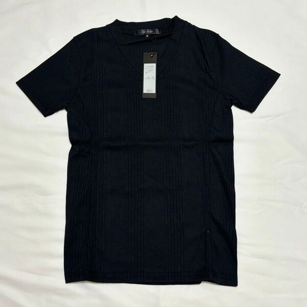 新品 Tシャツ メンズ 半袖 テレコ Vネック ブラック Mサイズ