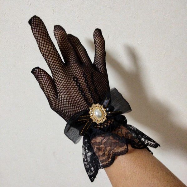 新品ゴスロリコスプレ結婚式ウエディングレースリボンショート手袋黒グローブブラック