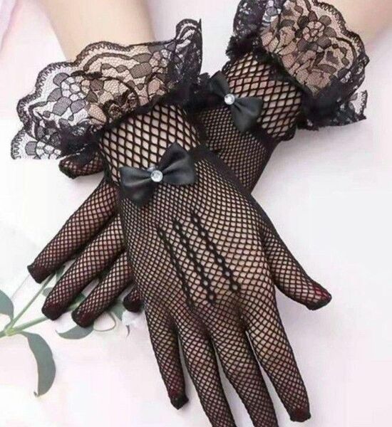 新品ゴスロリコスプレ結婚式ウエディングレースリボンショート手袋黒グローブブラック1