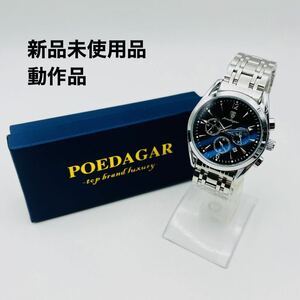 ★新品 未使用品 POEDAGAR ポエダガー メンズ腕時計 腕時計 時計 クオーツ クォーツ クロノグラフ カレンダー 付 紺色文字盤 箱付 TI