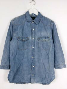 スリック SLICK デニムシャツ ウエスタンシャツ ウォッシュド スナップボタン 七分袖 1 ブルー メンズ 中古 /GH