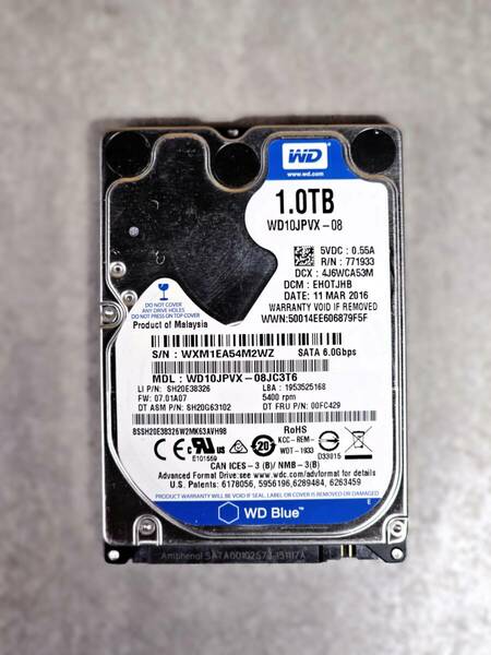  動作保証 2.5インチ WD Western Digital SATA 1TB WD10JPVX ハードディスク 1000GB SerialATA 5400rpm 9mm 中古品★HP105★