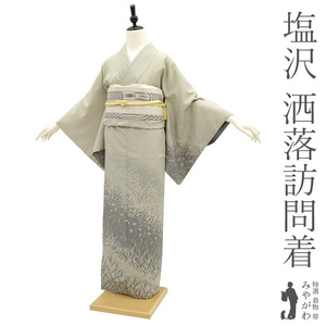 塩沢 訪問着 袷 着物 正絹 塩澤 砂色 草花 シルエット 洒落 リサイクル 新古品 仕立て上がり 身丈152 裄64.5 Ｓサイズ みやがわ sb14179