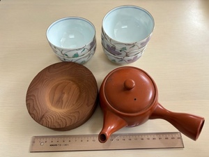 茶器　急須　茶托　茶碗　5客　セット　磁器　白　花　ホワイト　木　湯呑み　中古品