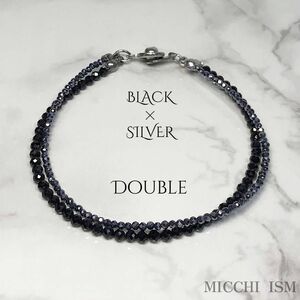 ブラックスピネル天然石 テラヘルツ鉱石 二連ブレスレット 上品アクセサリー シンプル キラキラ 細め 高品質 ボタン式 留め金具 