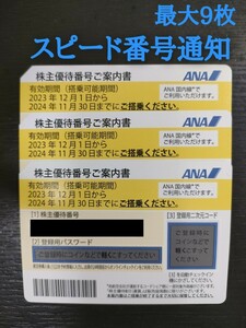【スピード番号通知】ANA　株主優待券　2024年11月30日利用期限　最大9枚まで