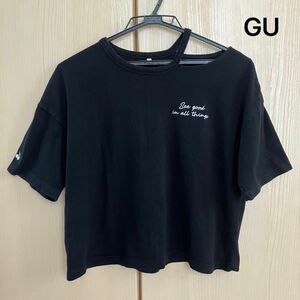 GU ネックスリット 半袖 Tシャツ ブラック 黒 キッズ ガールズ 女の子 Mサイズ 150cm相当