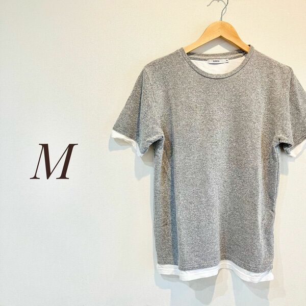 メンズ半袖カットソー　グレー　重ね着風　M Tシャツ クルーネック 