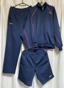 アシックス asics 学校ジャージ 上下セット＋ハーフパンツ ネイビー×赤ライン Oサイズ 体操服 学校指定 スクールジャージ ３点セット