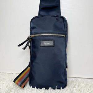 美品 Paul Smith ポールスミス ボディバッグ ショルダーバッグ マルチストライプ マルチカラーナイロン×レザー ネイビー