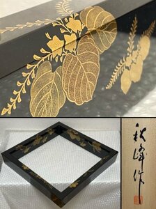 茶道具 【 輪島塗 桐紋 蒔絵 炉縁 高崎秋峰作 】 外辺 約42.4 / 内辺 約35.0 cm 共箱あり ■ 漆芸 漆器 茶道具 伝統工芸 輪島 ■ 松840